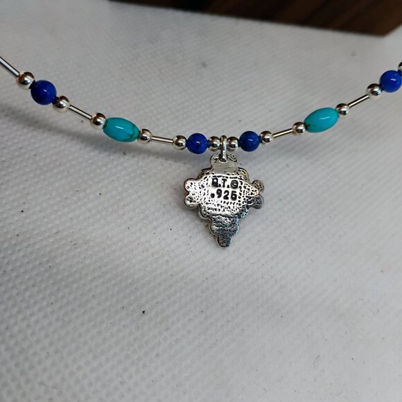 Vtg QT Sterling Quoc Silver Turquoise & Lapis Beaded Necklace Southwest Native - Picture 3 of 4